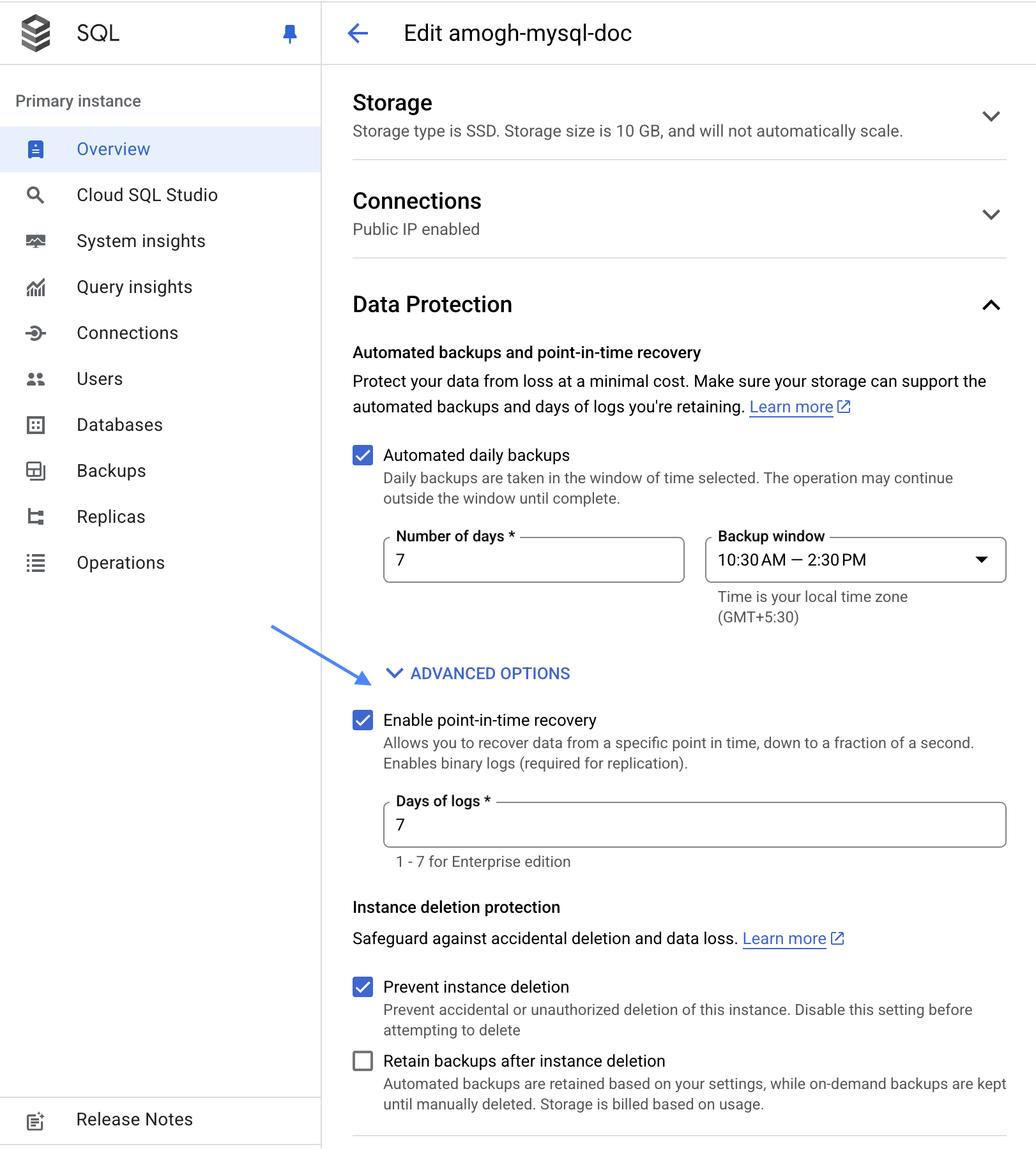 Включ�ение PITR в Cloud SQL